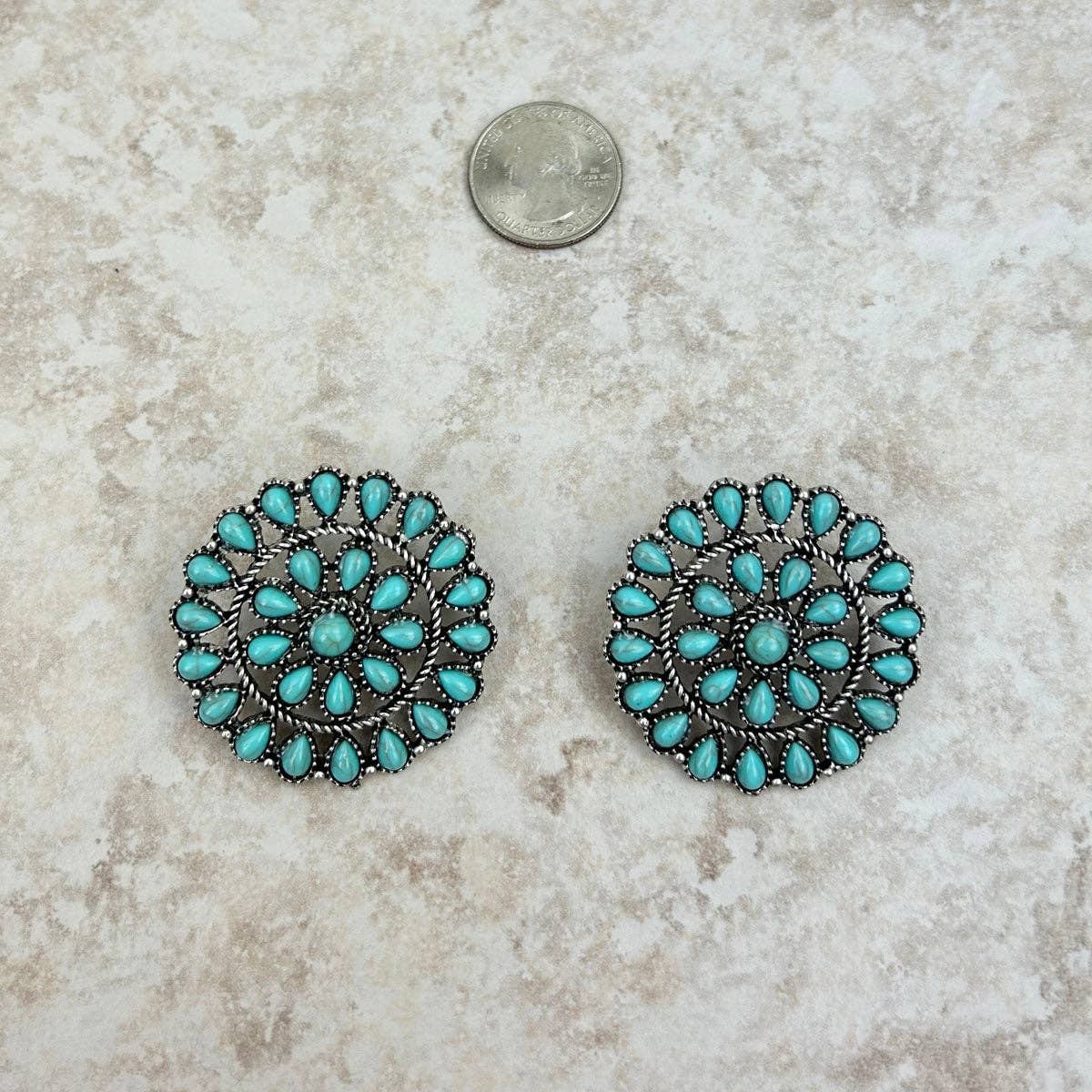 Silver Rope & Blue Turquoise Flower Concho Stud Earrings
