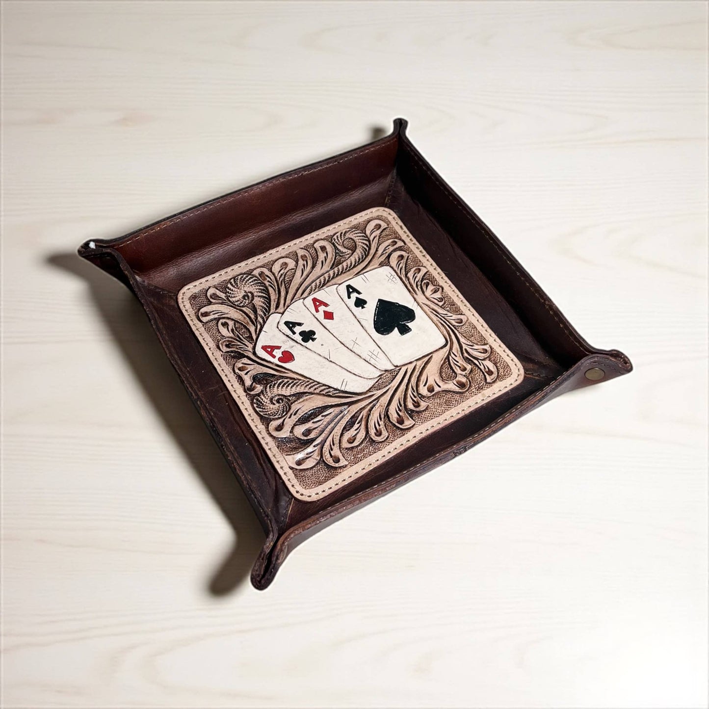 Aces tooled leather tray