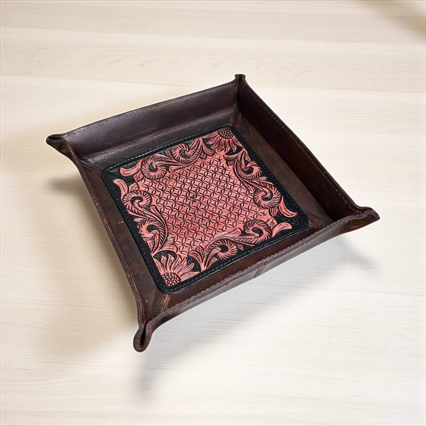 Red tooled leather tray