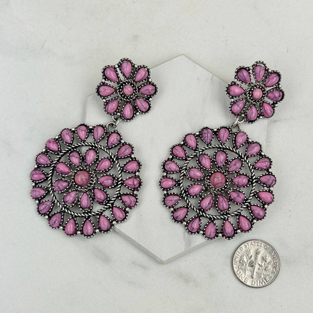 Silver metal with black stone flower concho Earrings