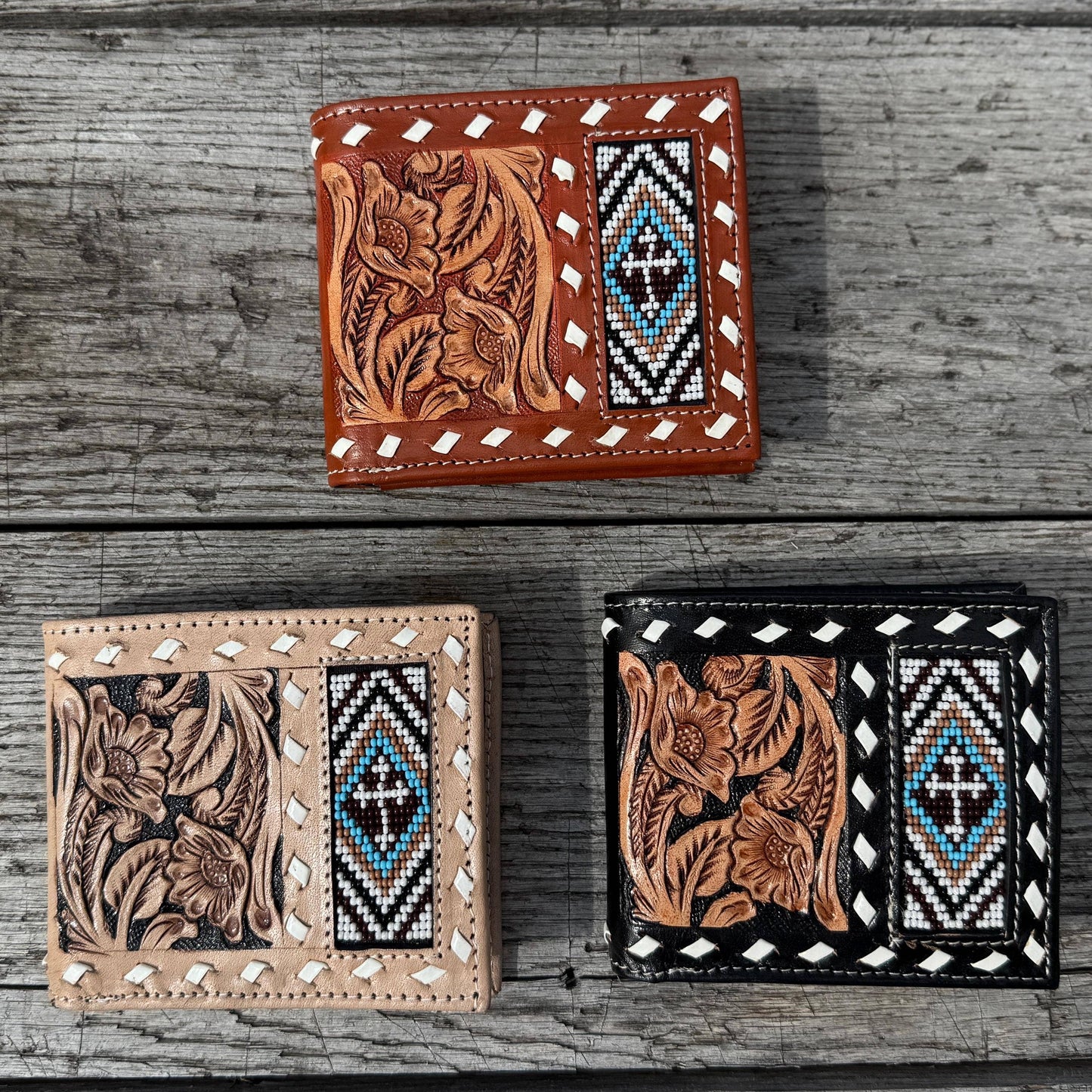 Men’s wallet tooled, seed bead