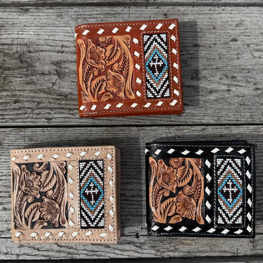 Men’s wallet tooled, seed bead