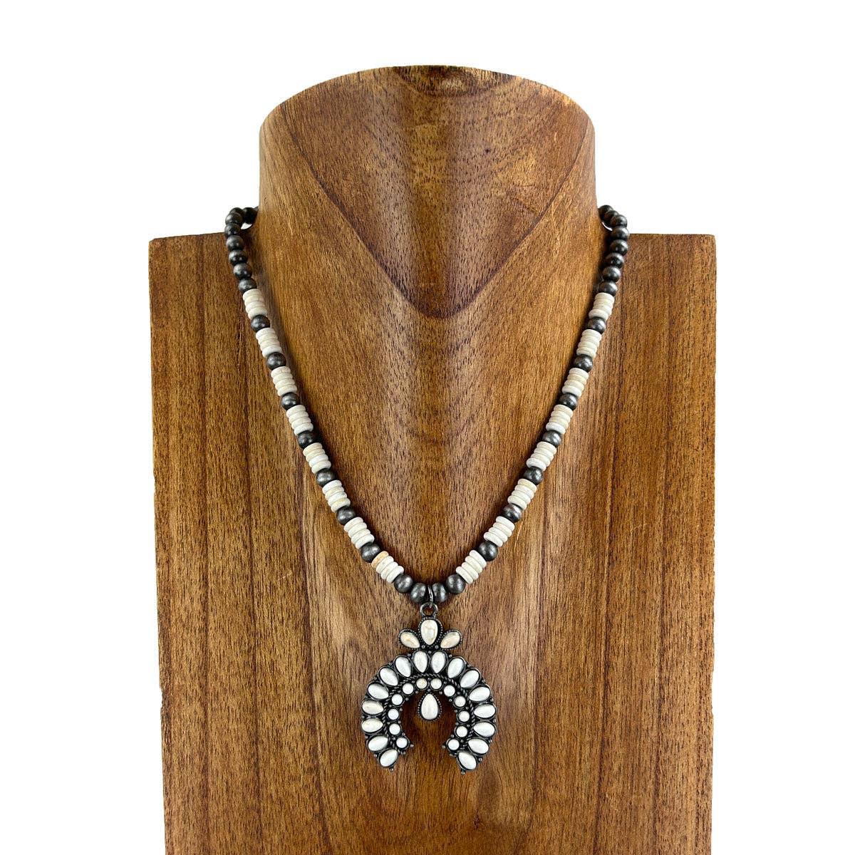 White beads necklace with white squash blossom pendent