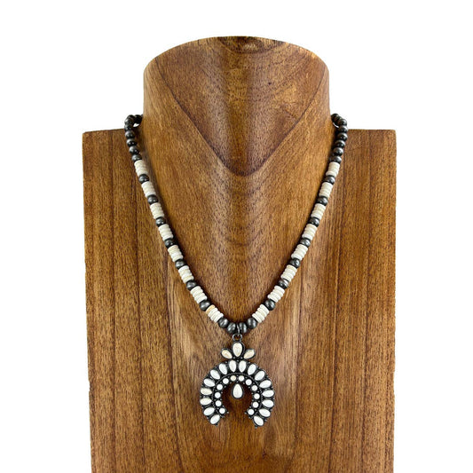 White beads necklace with white squash blossom pendent