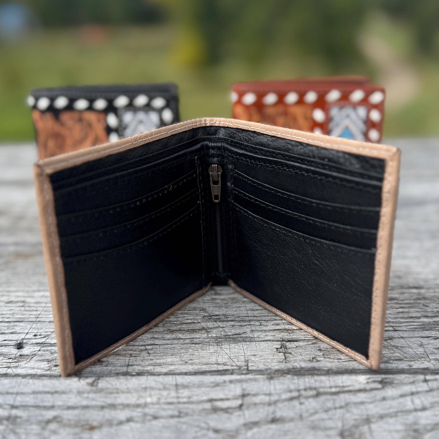Men’s wallet tooled, seed bead
