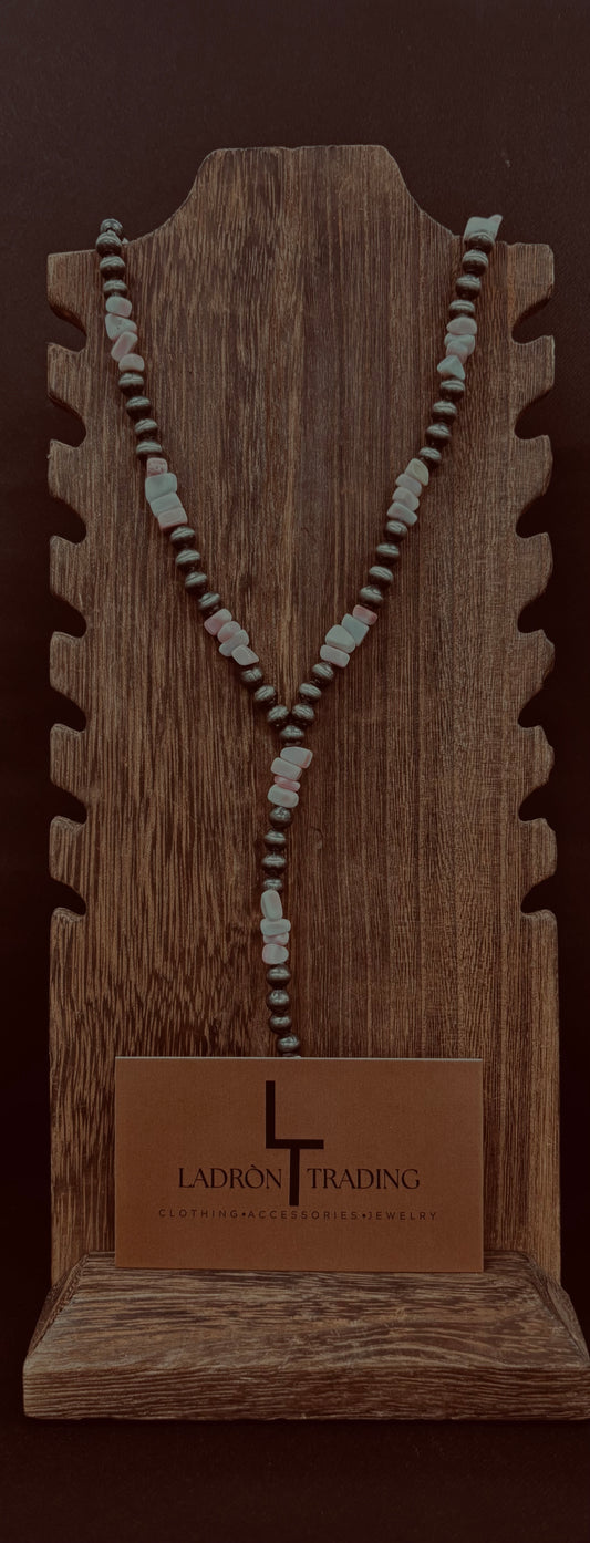 Pink Stone & Silver Plated Pearl Necklace