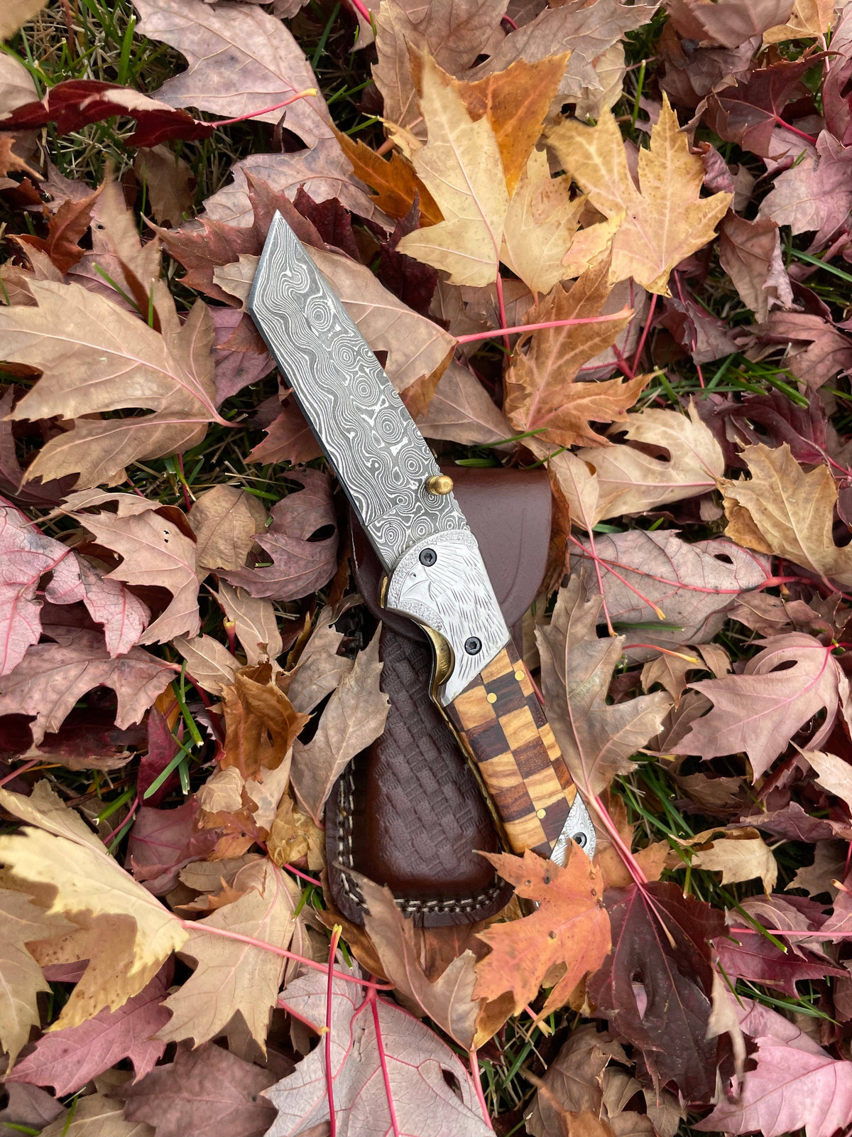 Damascus Engraved Checkered Pocket Knife