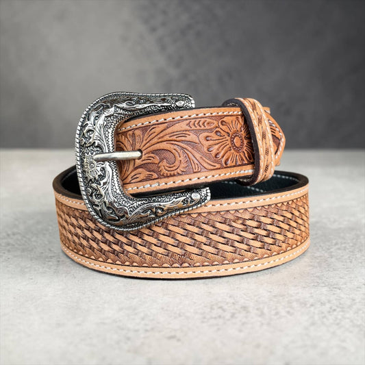 Basketweave tooled leather belt 