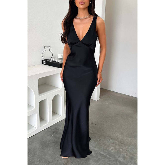 Solid Deep V Neck Low Back High Waist Full Dress