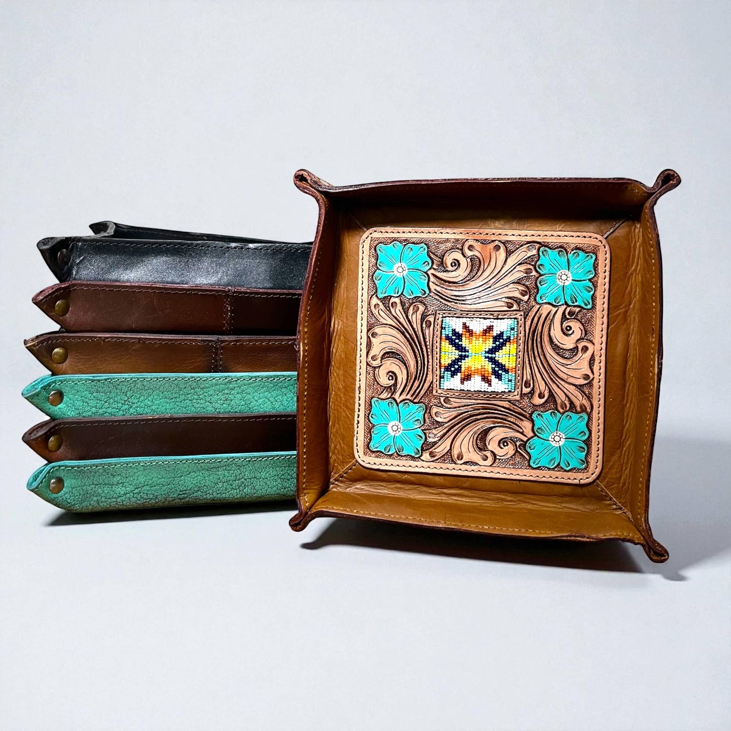Turquoise blossom tooled leather tray 