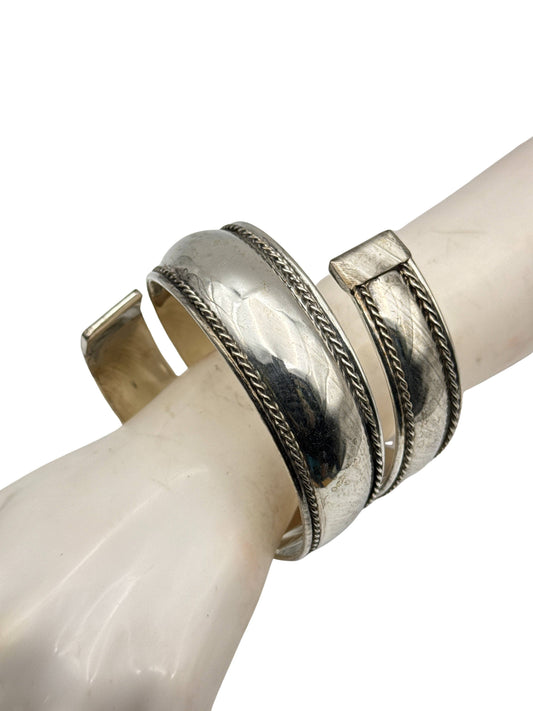 Silver Braided Cuff Bracelet Duo Spiral