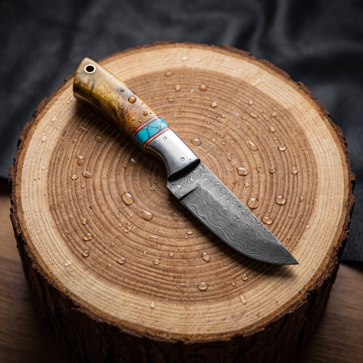 Damascus Steel Blade Turquoise Inlay
