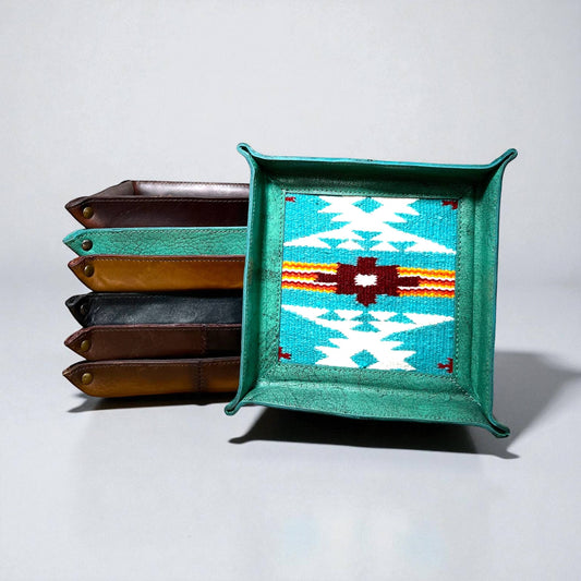 Turquoise Aztec leather tray 