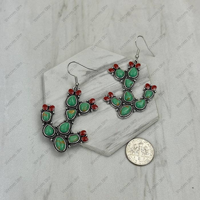 Silver metal with blue oval turquoise stone cactus Earring
