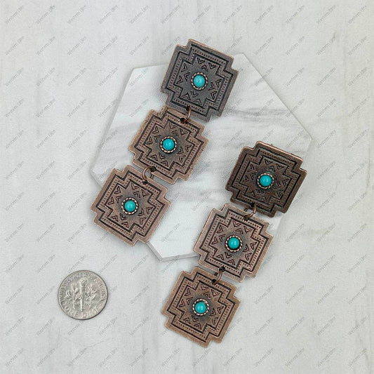 Copper metal cross with blue turquoise stone Earrings