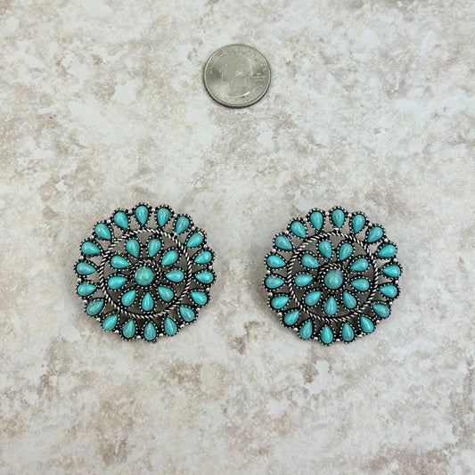 Silver Rope & Blue Turquoise Flower Concho Stud Earrings