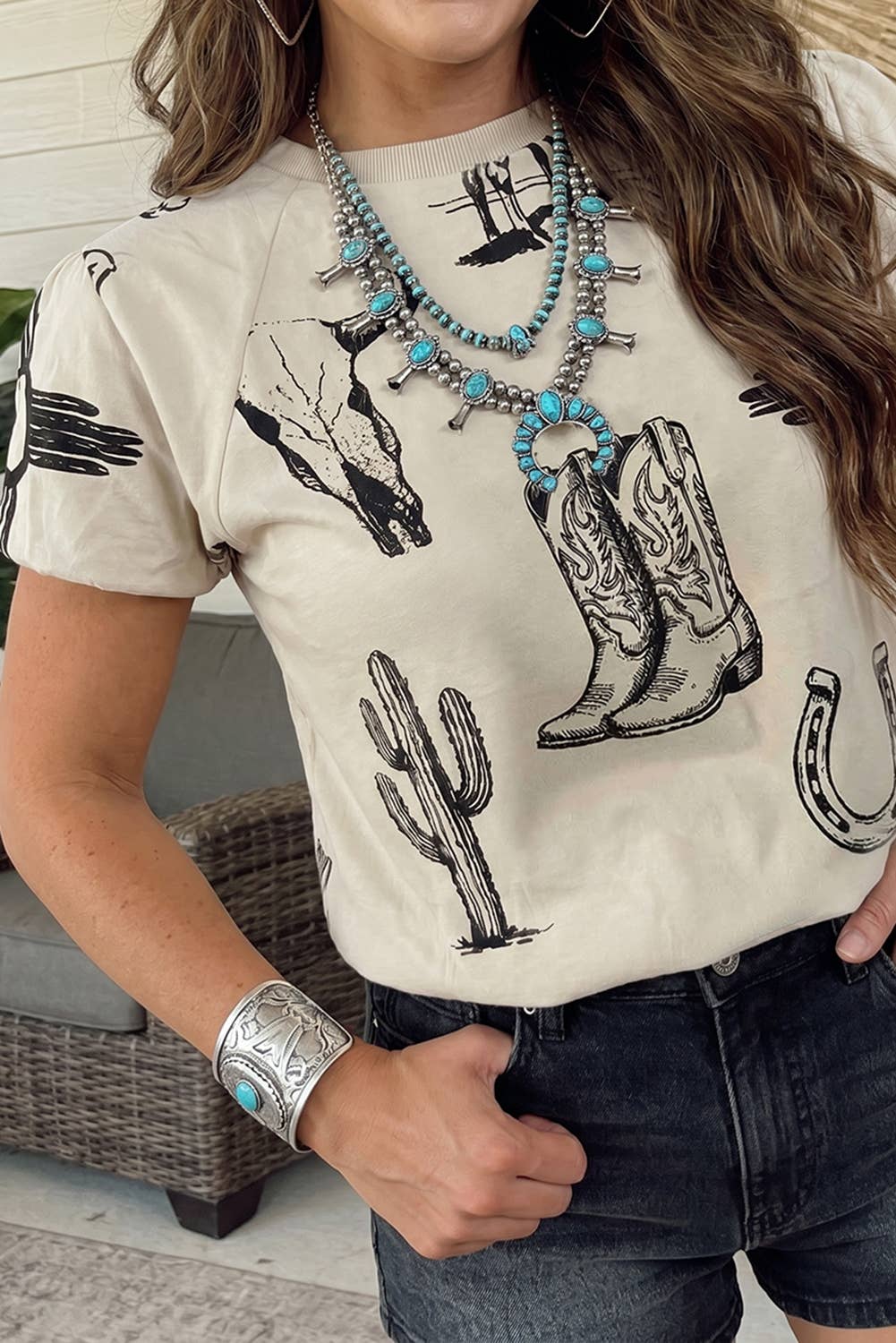 Western Print Round Neck T Shirt