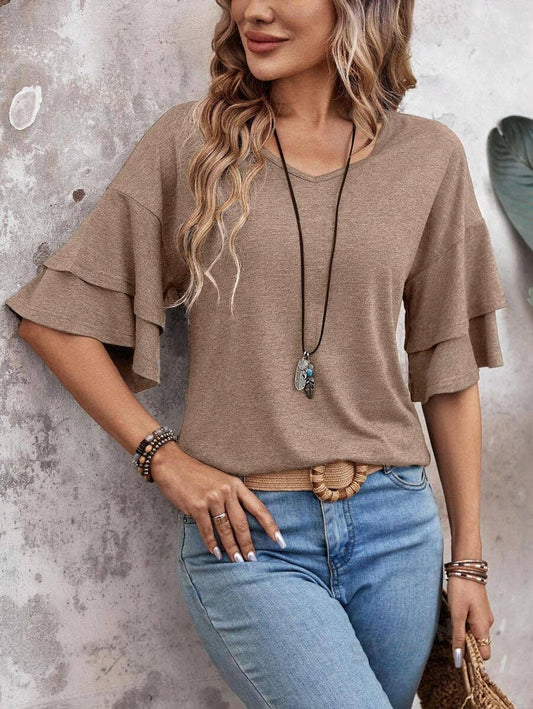 Women Flutter Sleeve V Neck