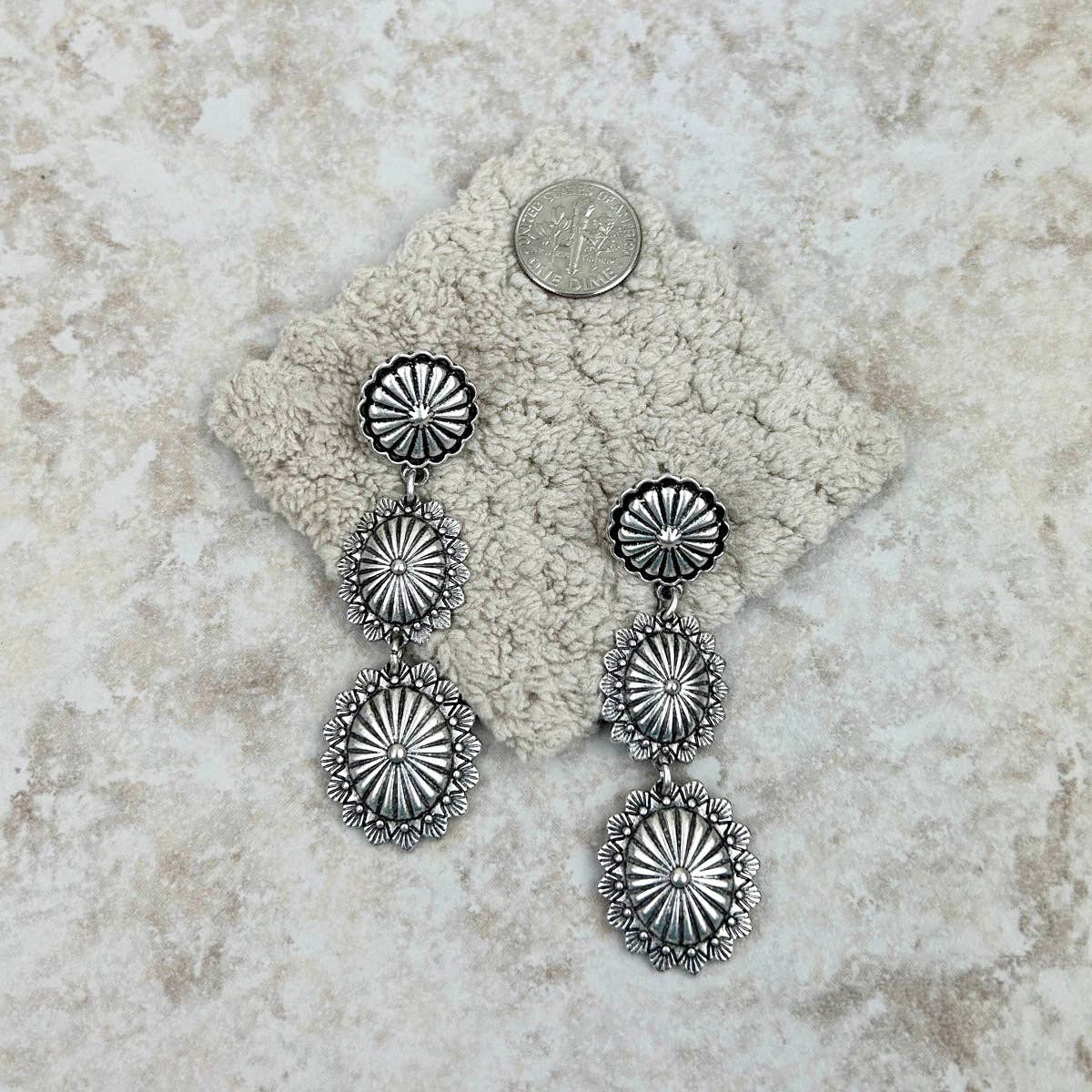 3 Silver flower concho dangle Earrings