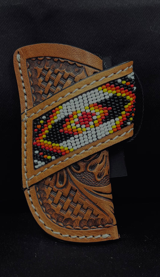 Red Aztec tooled leather sheath 