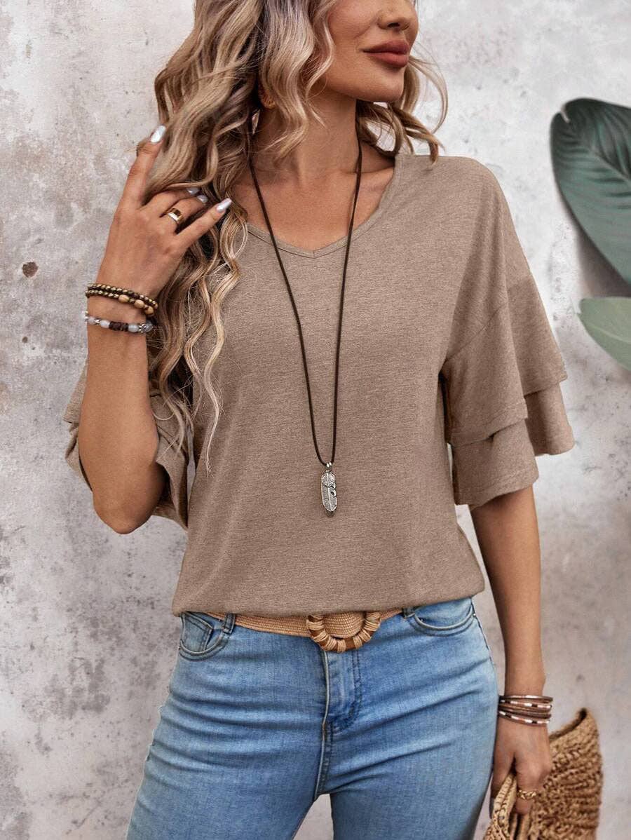 Women Flutter Sleeve V Neck
