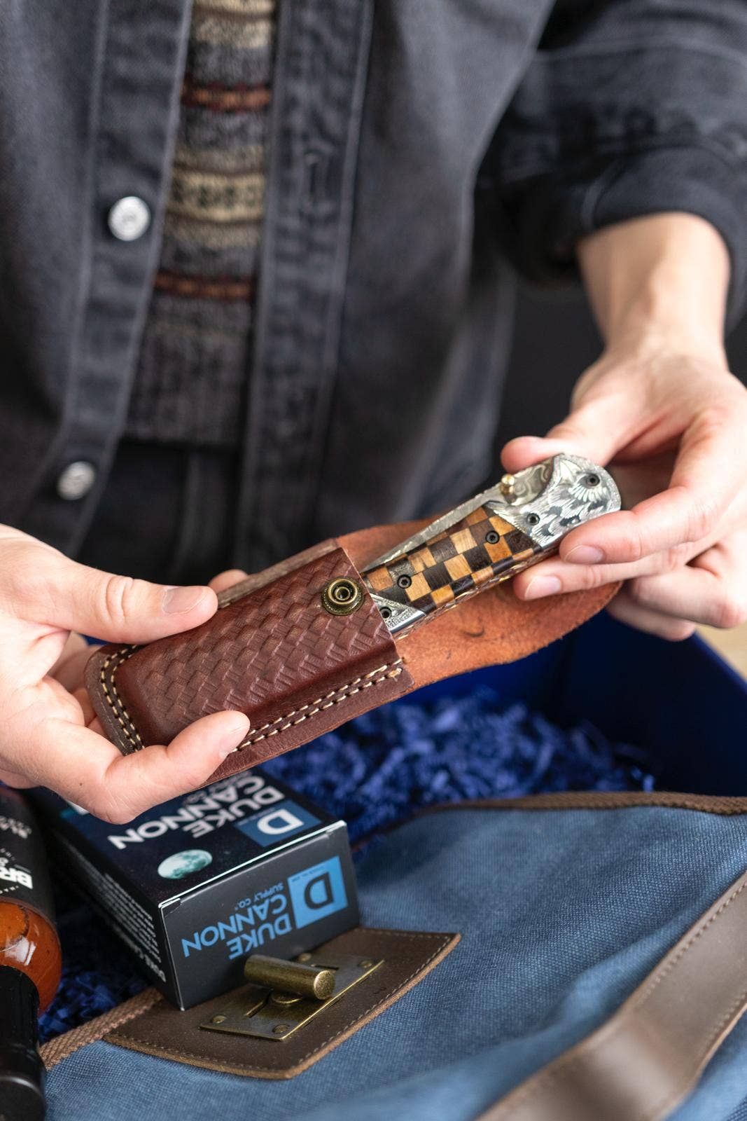 Damascus Engraved Checkered Pocket Knife