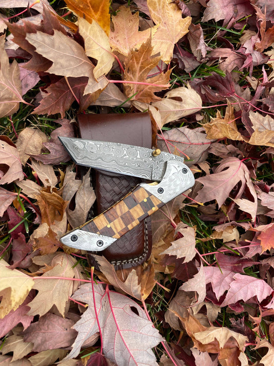 Damascus Engraved Checkered Pocket Knife