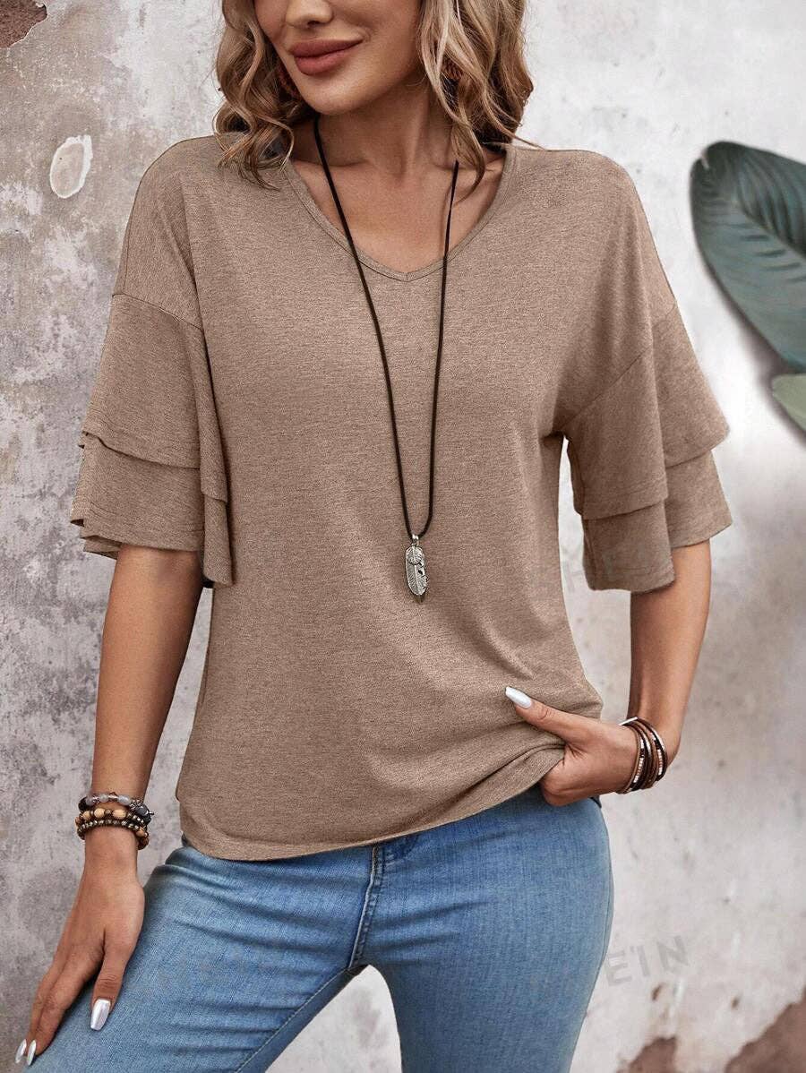 Women Flutter Sleeve V Neck
