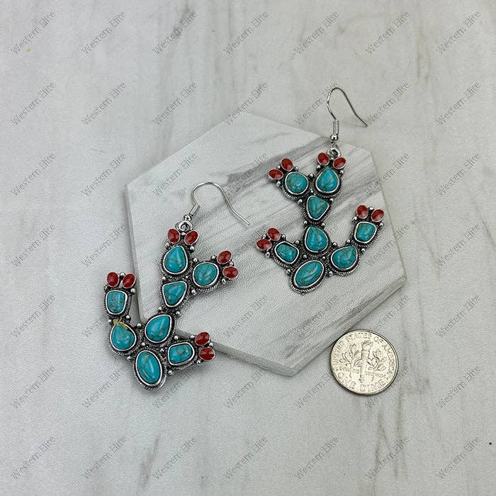 Silver metal with blue oval turquoise stone cactus Earring