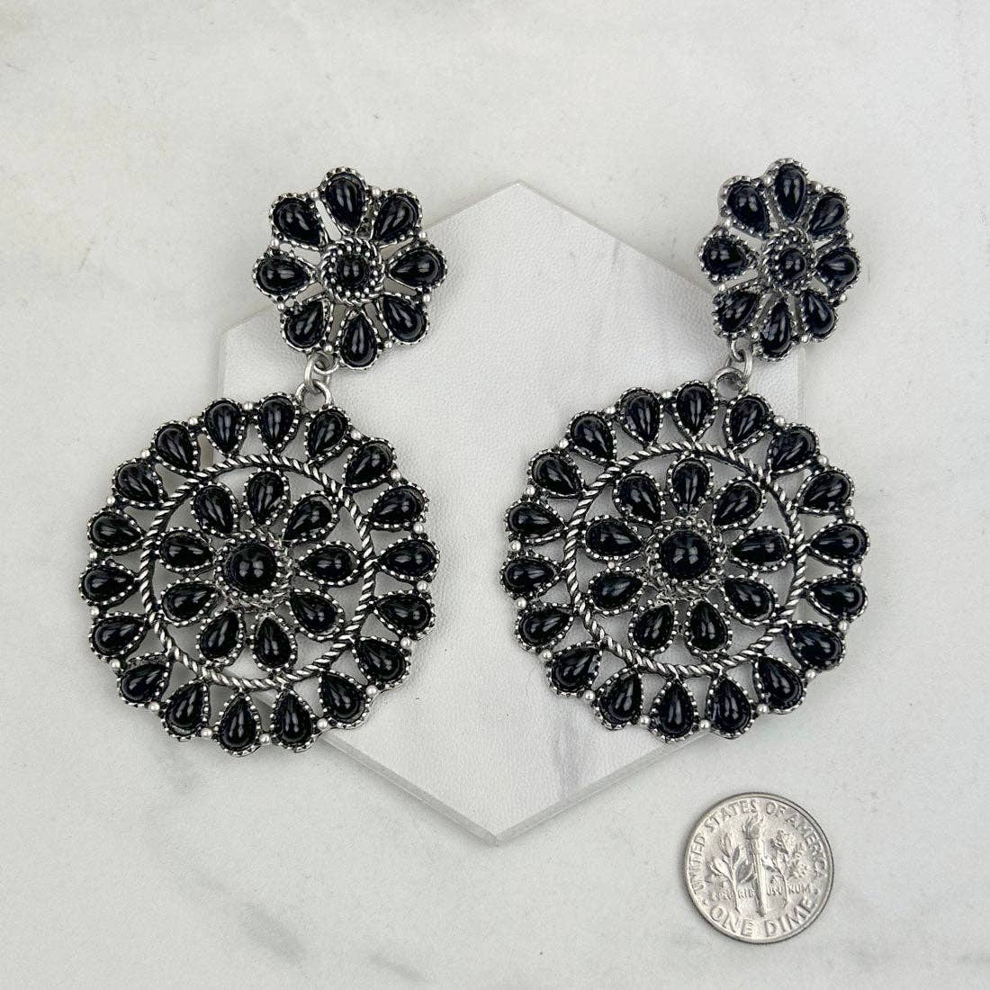 Silver metal with black stone flower concho Earrings