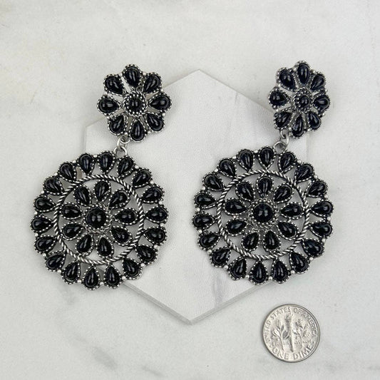 Silver metal with black stone flower concho Earrings