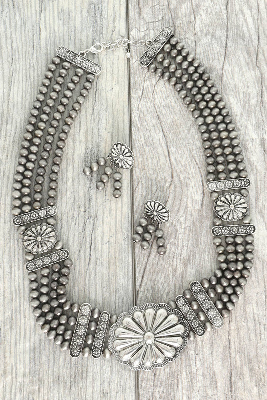 Western Floral Pearl Bead Bib Necklace Set