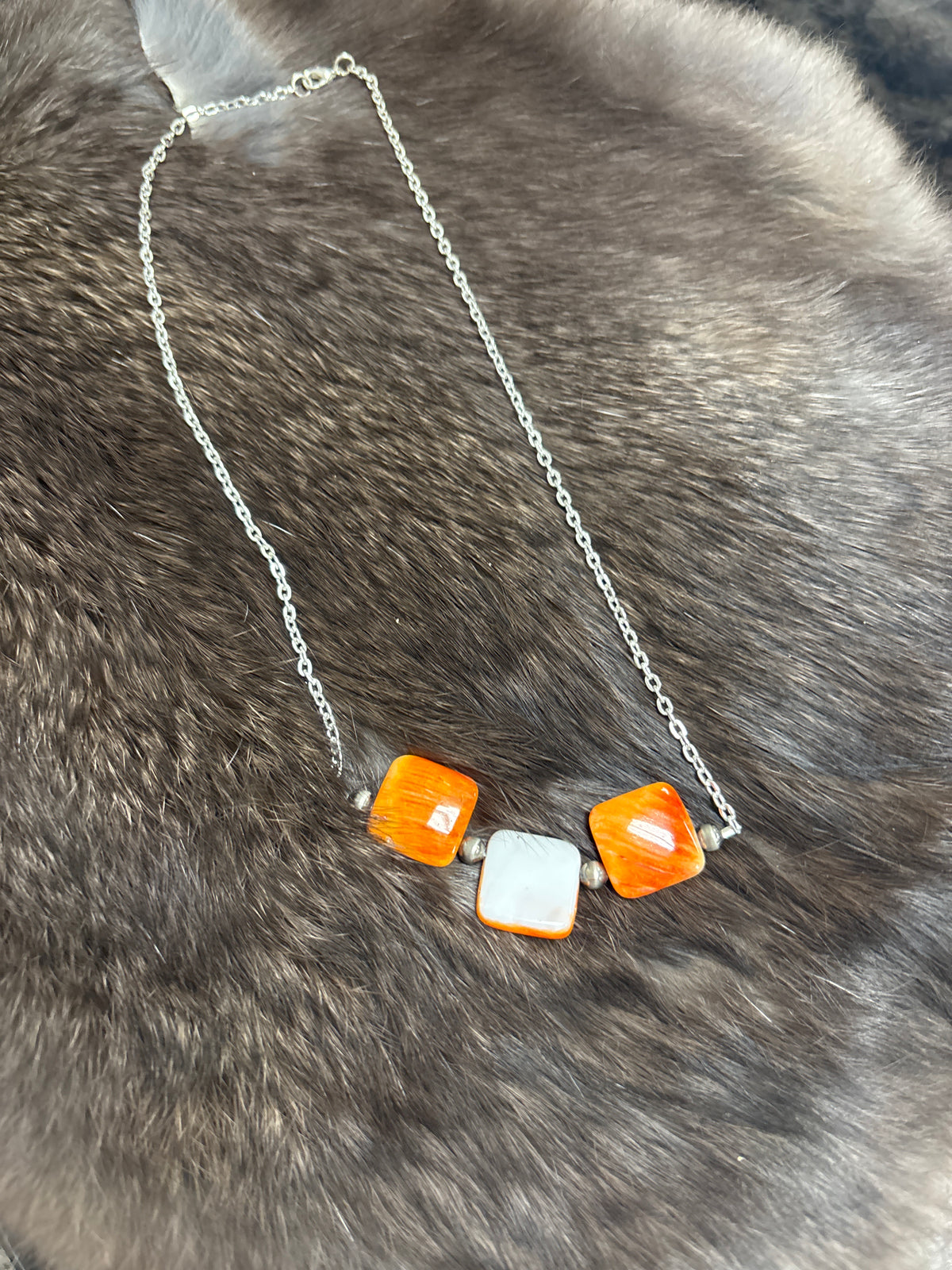 Silver w/orange beaded necklace