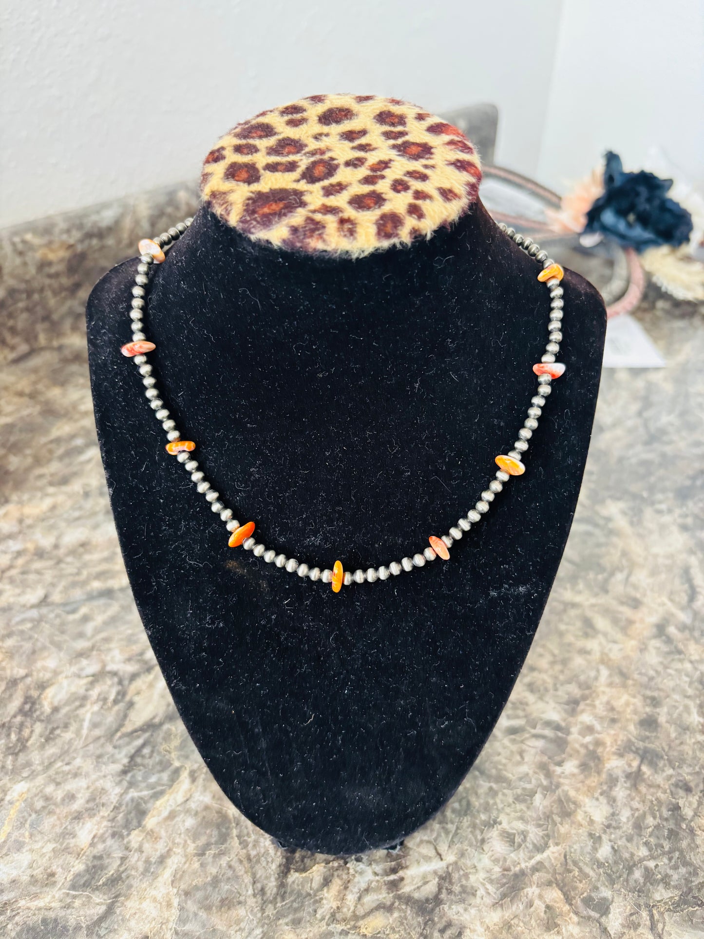 4 mm silver w orange pearls