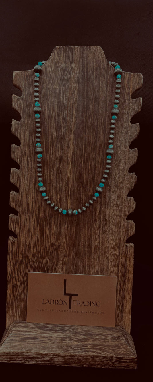 5mm,8mm 16” Silver Plated Pearls w/ Turquoise Stone