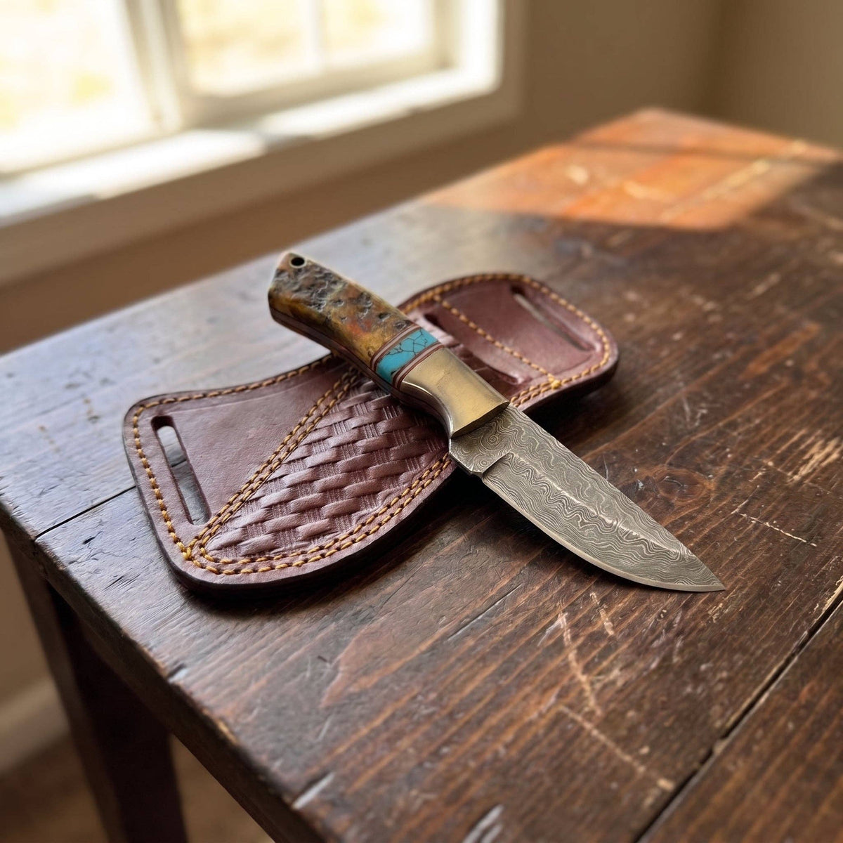 Damascus Steel Blade Turquoise Inlay