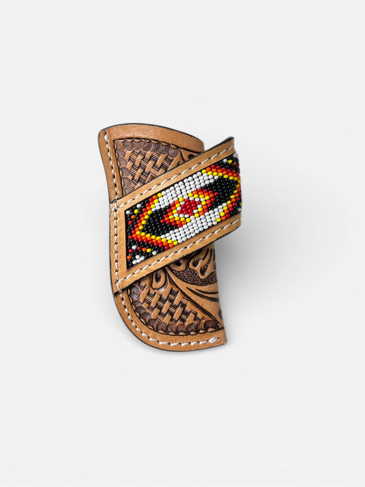 Red Aztec tooled leather sheath 