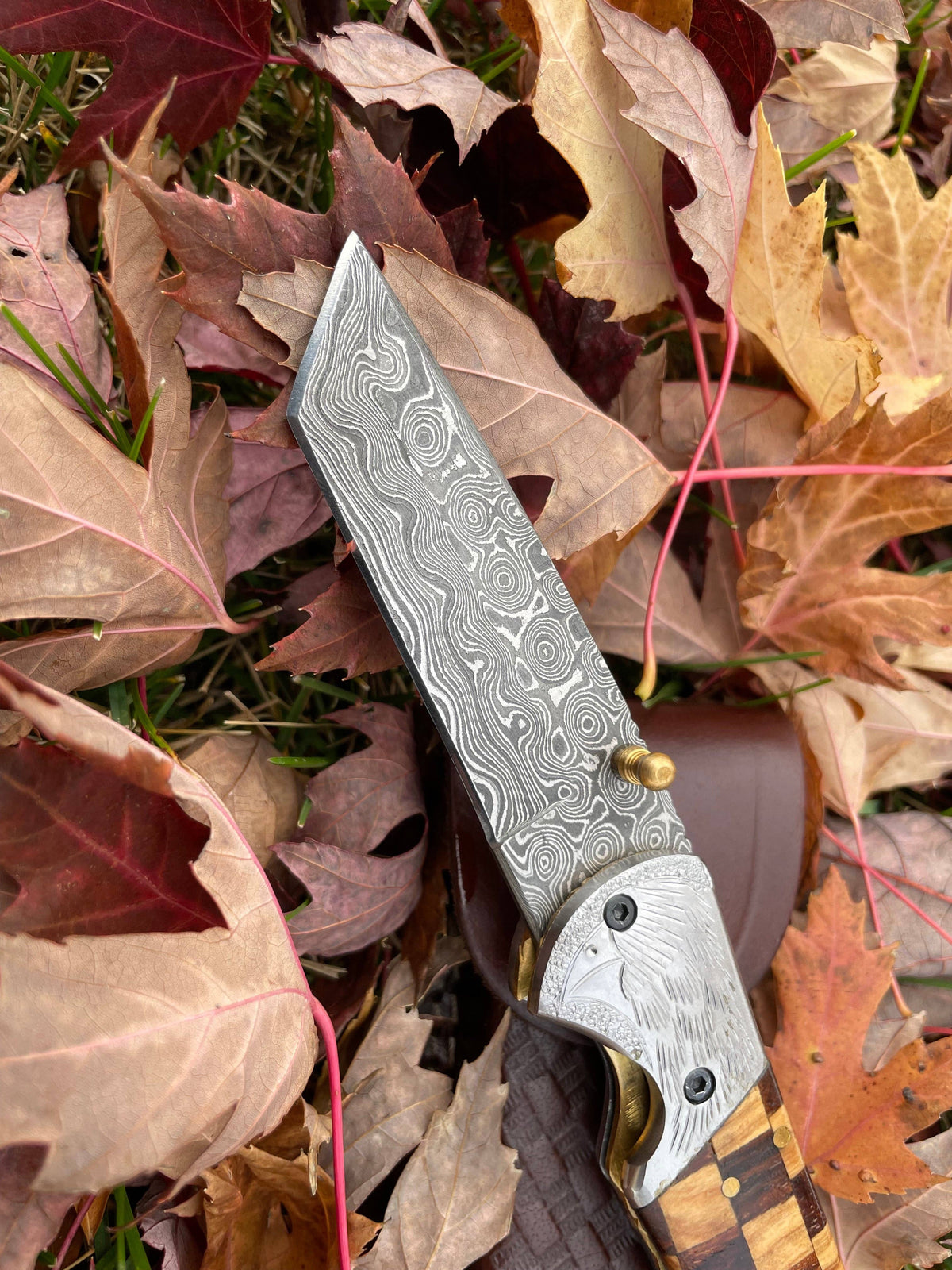Damascus Engraved Checkered Pocket Knife