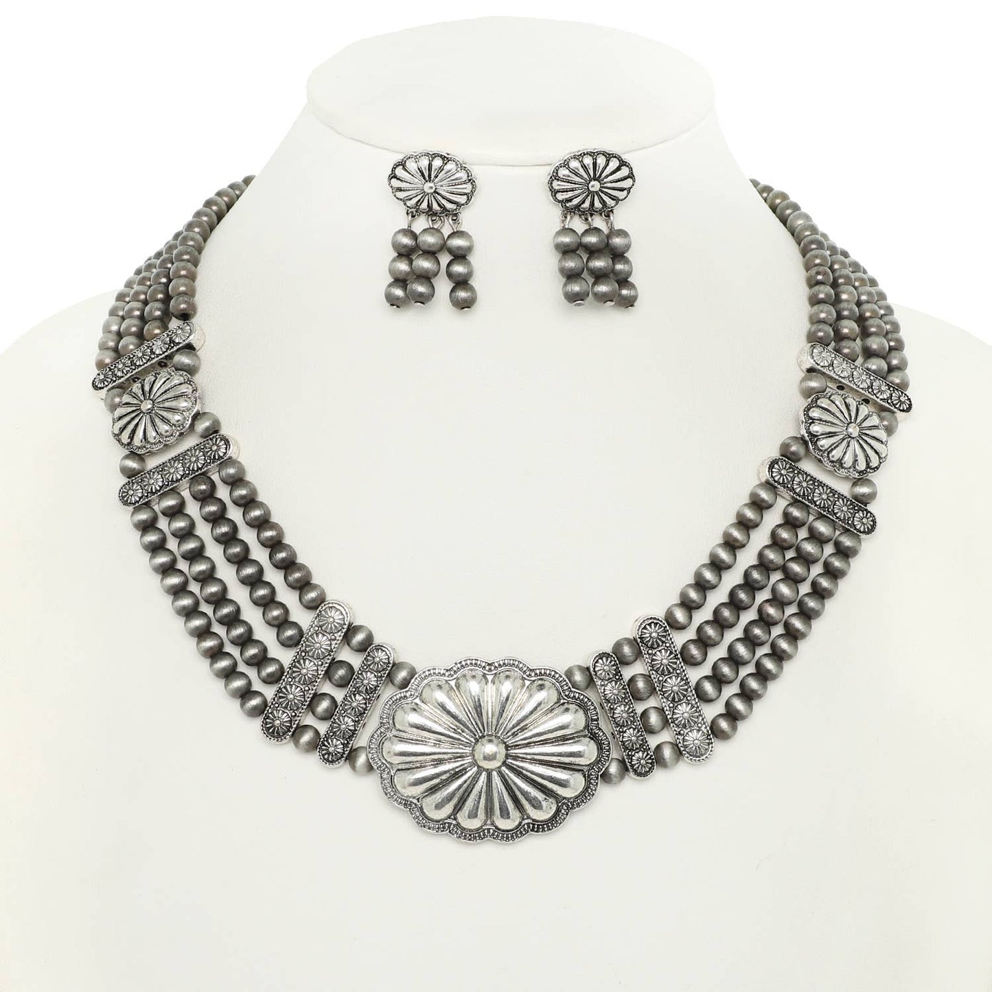 Western Floral Pearl Bead Bib Necklace Set